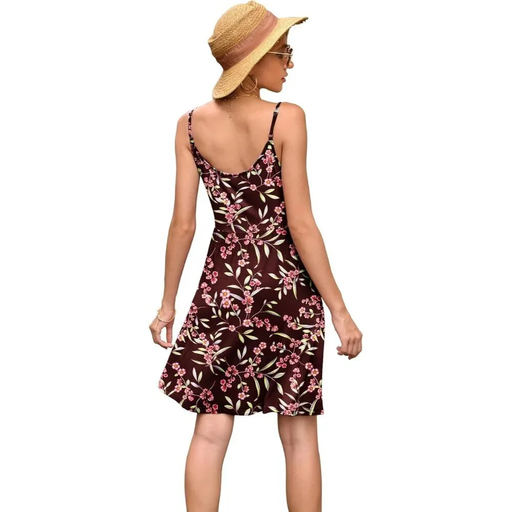 Women's Floral Claret V Neck Spaghetti Strap Flowy Mini Dress with Pockets